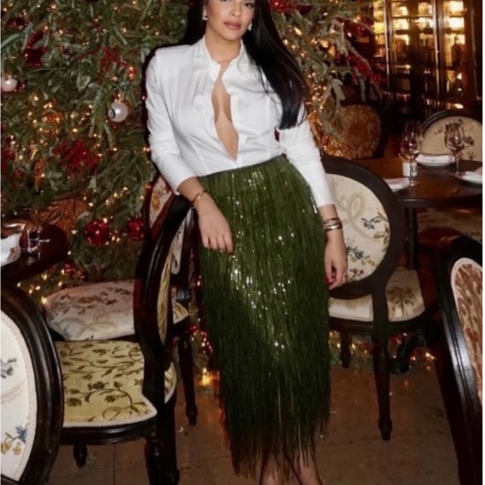 Zara Olive Green Fringe Sequin Midi Skirt